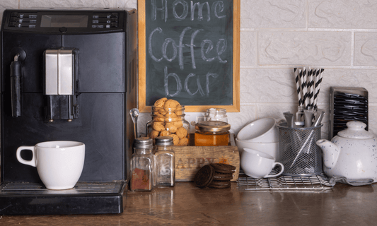 Home Coffee Bar complete with espresso maker, cups, seasonings