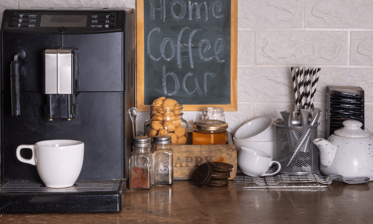 Home Coffee Bar complete with espresso maker, cups, seasonings