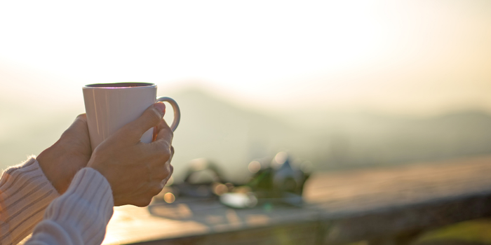 Summer view with hands holding a mug