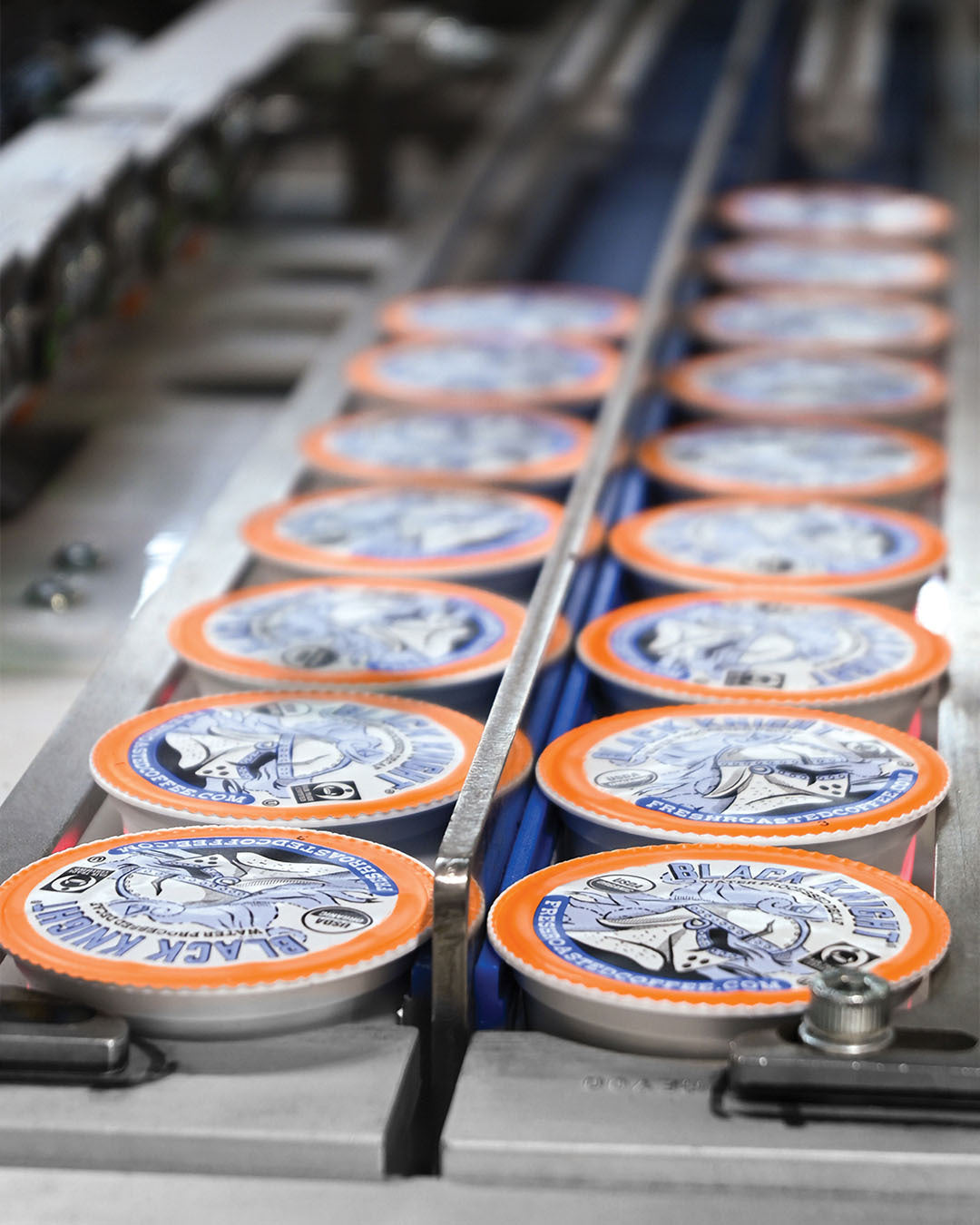 A line of Black Knight Decaf pods.